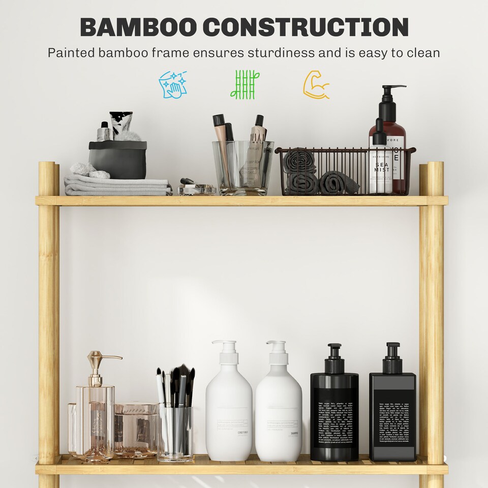 image 1 of HOMCOM Bamboo Over Toilet Storage Unit with 3 Slatted Shelves, 3-Tier Freestanding Bathroom Shelf, Bathroom Space Saver, Natural Wood Finish | Yellow