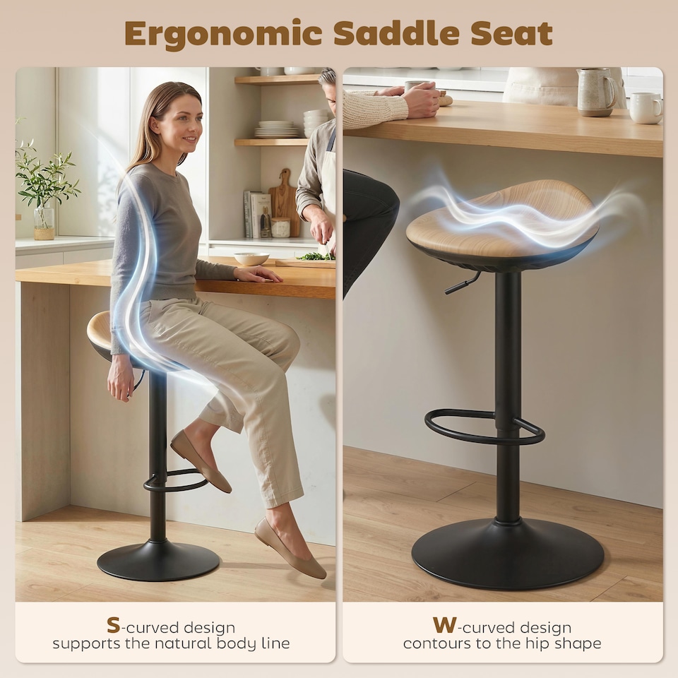 image 1 of HOMCOM Set of 2 Breakfast Barstools, PU Leather Swivel Bar Stools, Oak | Brown | Oak | 40 x 40 x 63-84 cm
