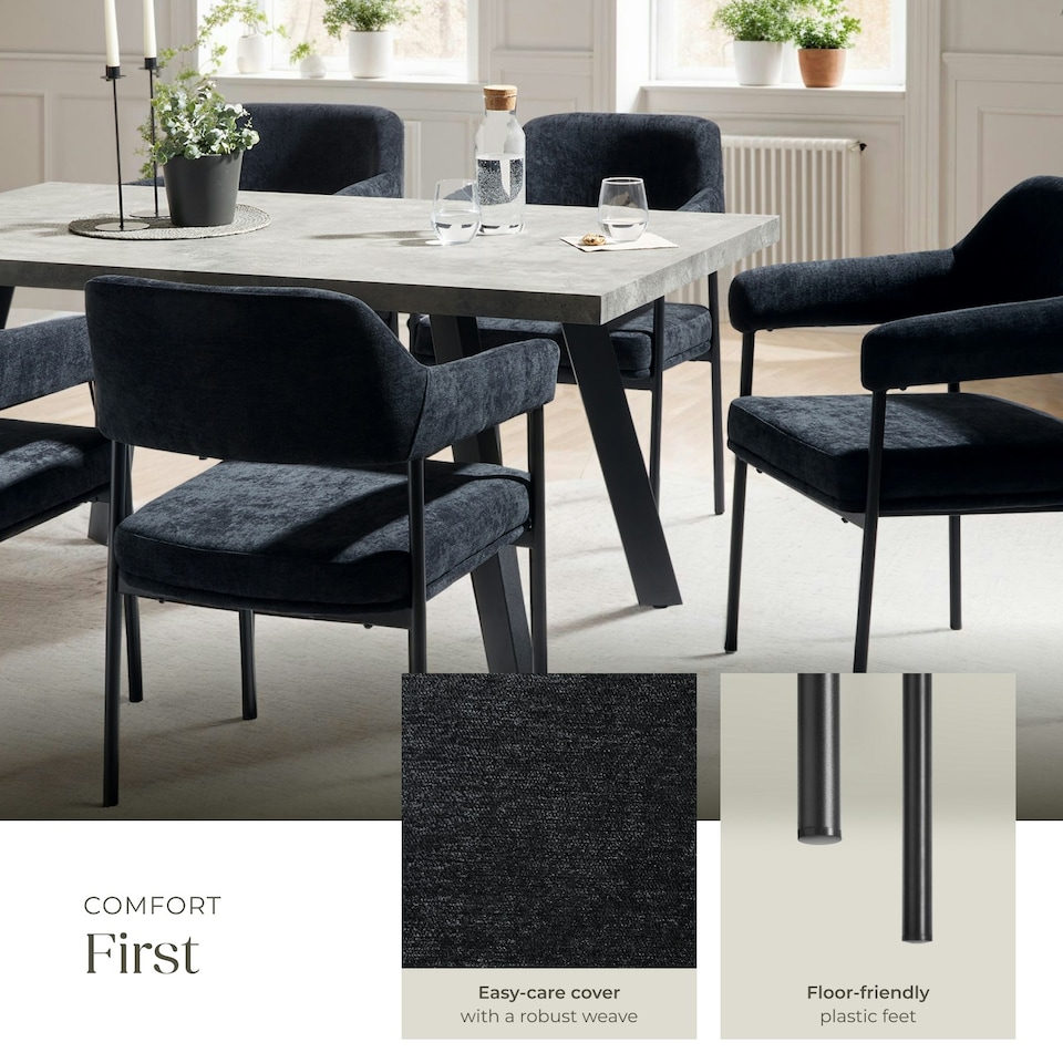 image 1 of Armchair Doe - durable fabric, black powder-coated legs, 120 kg load, 58 x 62 x 85 cm - Set of 6 Black | Woven Fabric Black/Black