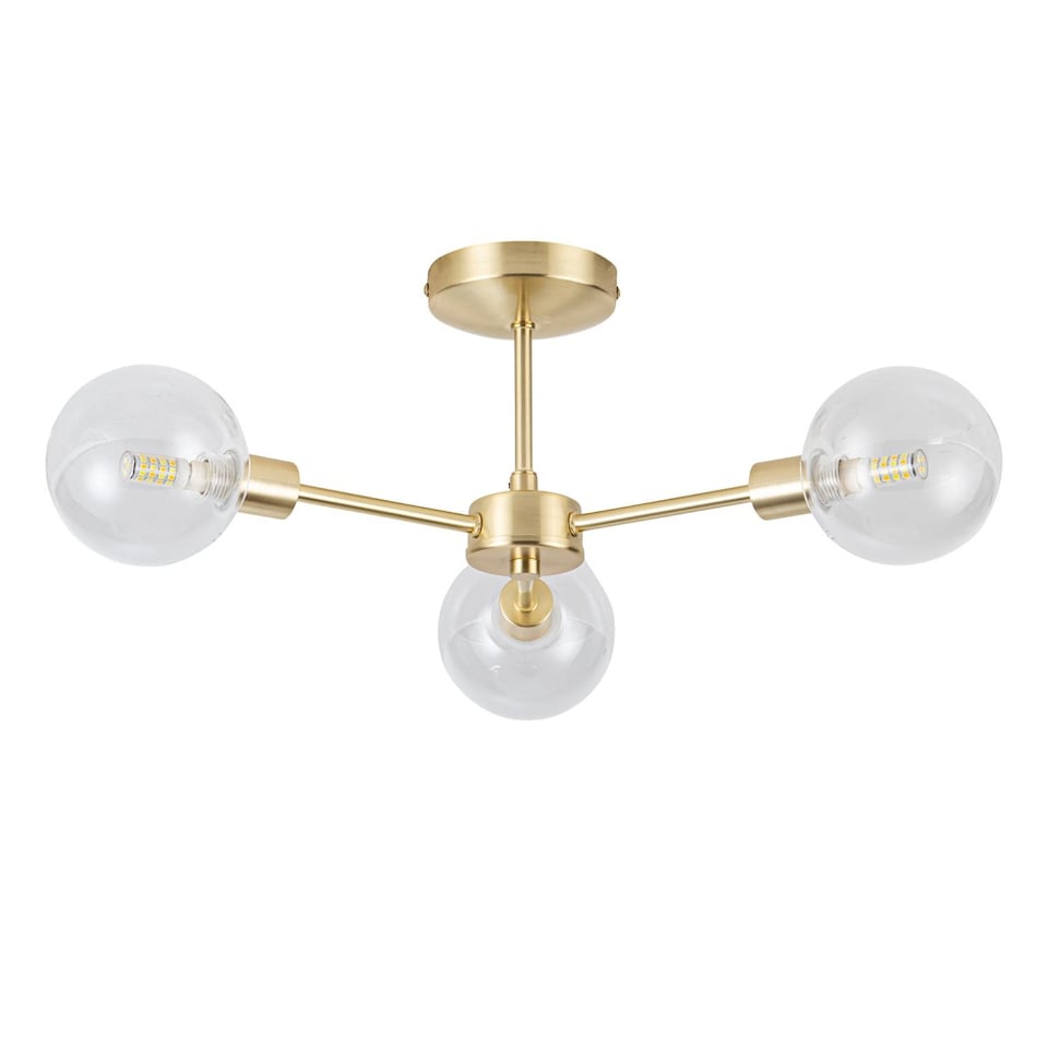 image 1 of Toner - Satin Brass with Clear Glass Globes 3 Light Flush Ceiling Light | Gold | Clear | 1
