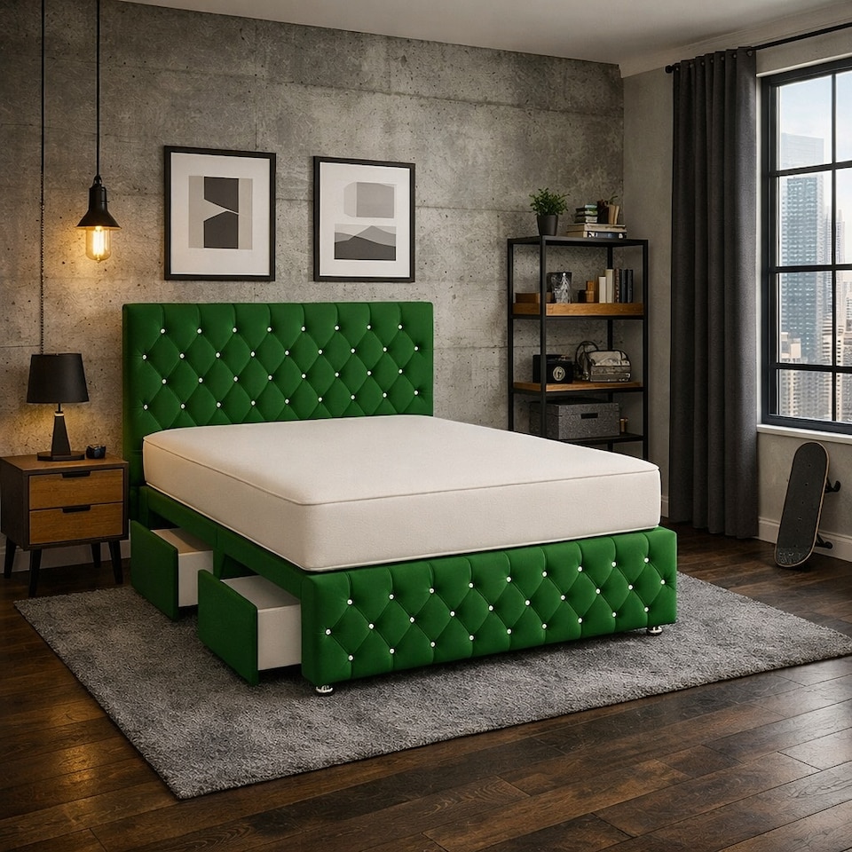 image 1 of 4FT Small Double Green Plush Velvet Divan Bed With Headboard & Footboard and Memory Sprung Mattress 2 Drawers Left Side Laying in Bed