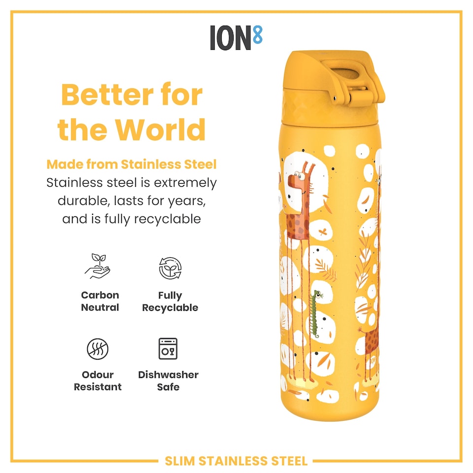 image 1 of Leak Proof Slim Water Bottle, Stainless Steel, 600ml (20oz) | Yellow | Giraffes | One Size