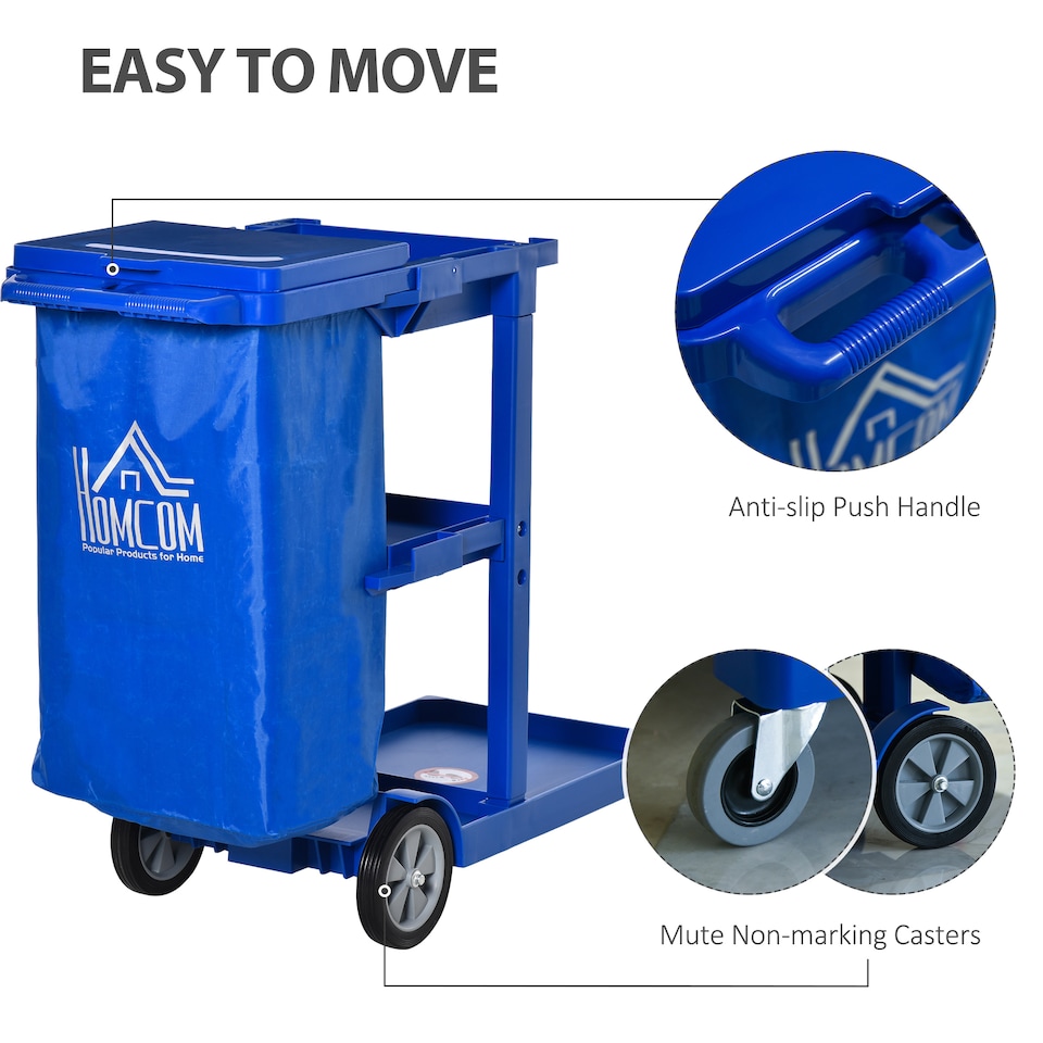 image 1 of HOMCOM Cleaning Carts On Wheels, Janitorial Trolley with 3 Tier Shelves, Housekeeping Utility Service Unit with Rubbish Bag and Mop Mount for Hotel, Office, Blue