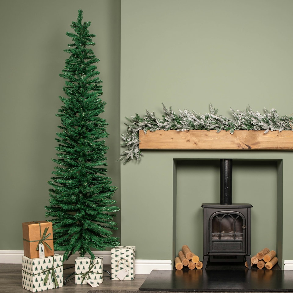 image 1 of 7ft (2.1m) Green Artificial Pencil Christmas Tree With Green Metal Stand and 401 Tips