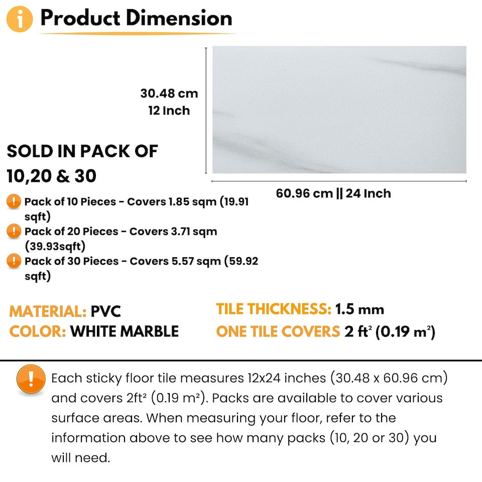 image 1 of NOVECRAFTO Vinyl Floor Tiles Self Adhesive – 12x24in Peel and Stick Waterproof Rectangular Flooring for Kitchen & Bathroom – White Marble Effect Design White | 5.57 sqm