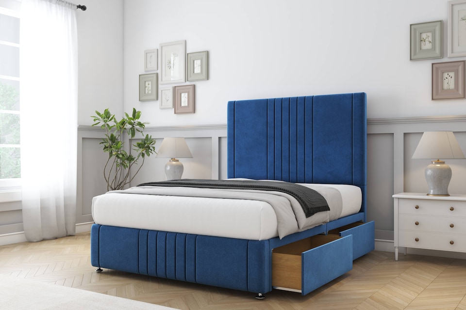 image 1 of Sloomy Harrington Navy Plush Divan Bed With Mattress No Drawers With 26" Strutted Headboard & 12" Matching Footboard 4' Small Double | Blue | Navy | Small Double | 1