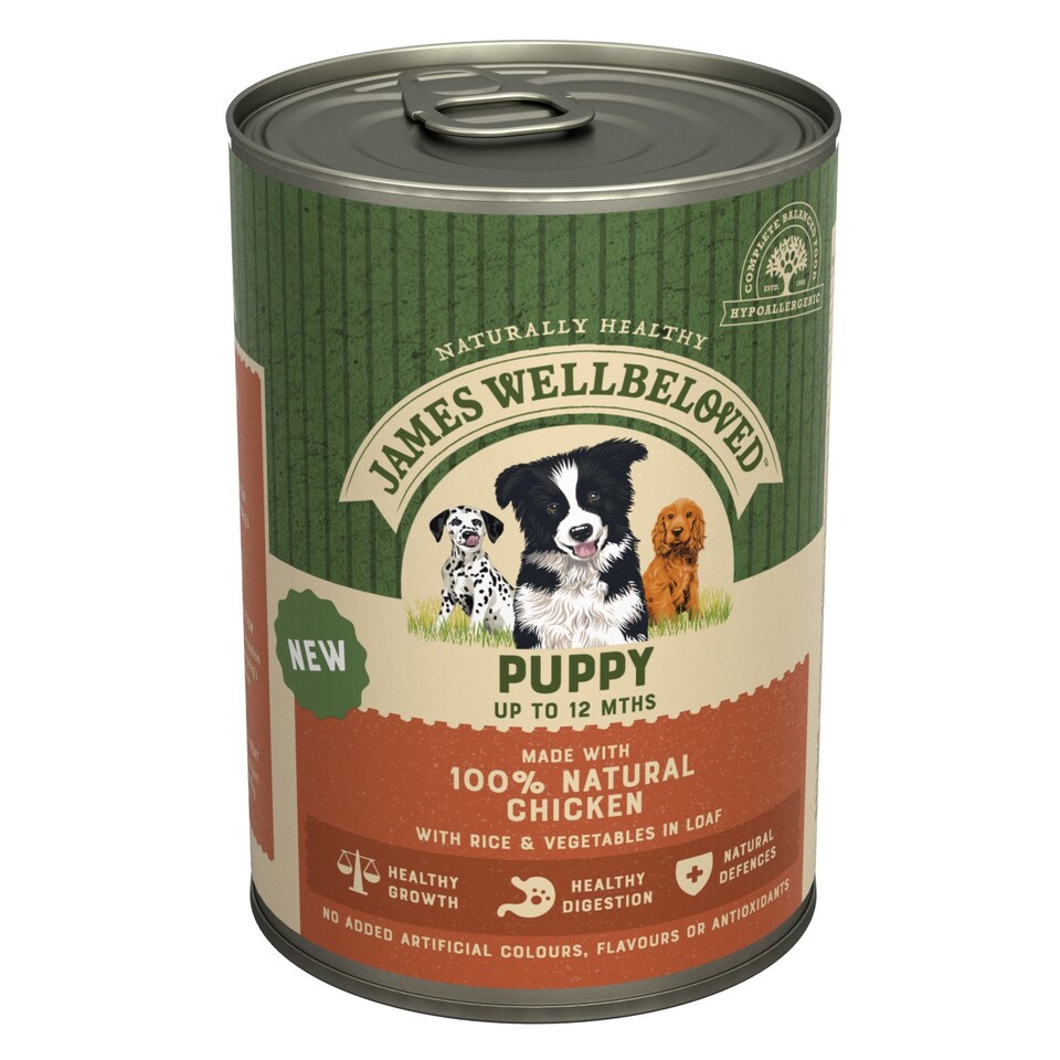 image 1 of James Wellbeloved Puppy Wet Dog Food Tins Chicken, Rice & Veg in Loaf 12 x 400g