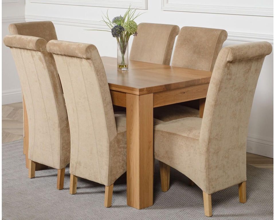 image 1 of Dakota 127 x 82cm Oak Small Dining Table and 6 Montana Fabric Chairs | Brown | Beige