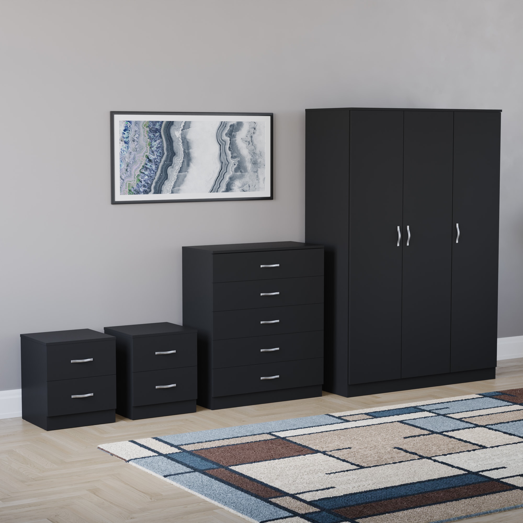 Vida Designs Riano 4 Piece Bedroom Set (2x 2 Drawer Bedside Chest, 5 Drawer Chest, 3 Door Wardrobe) - Black