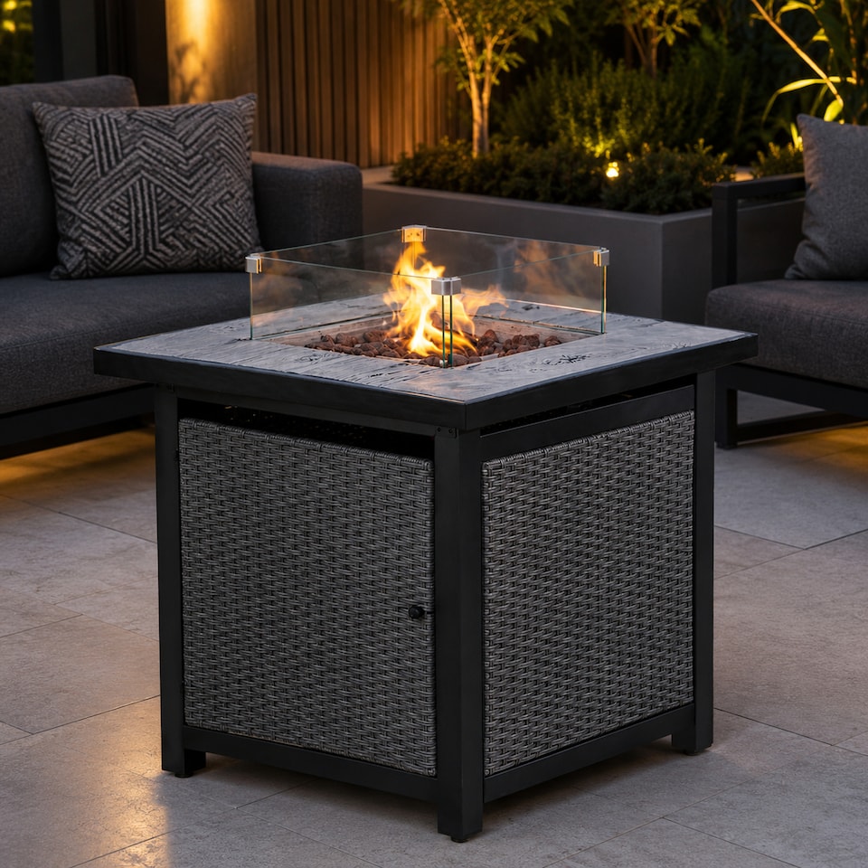 image 1 of Teamson 86cm Propane Gas Fire Pit Table with Rattan Base, 40,000 BTU