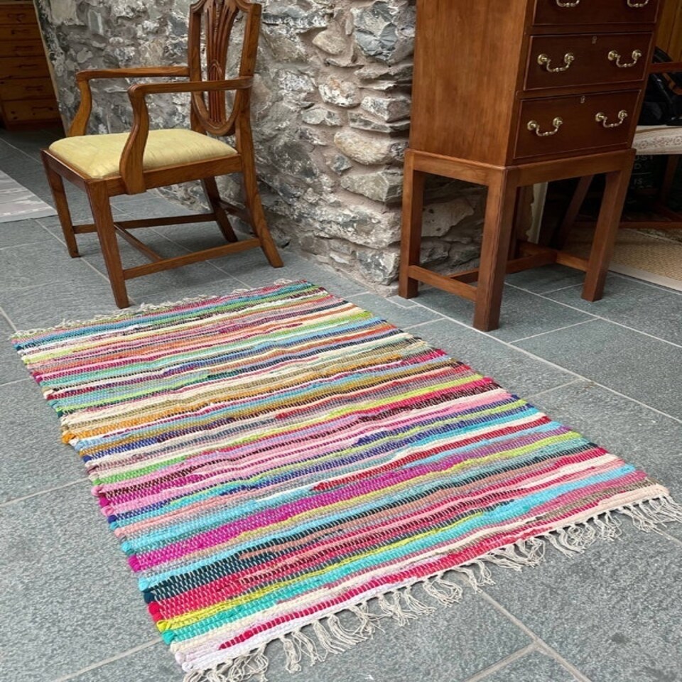 image 1 of SHANTI Shabby Chic Rag Rug Flat Weave Design - L240 x W360 - Multicolour Multi