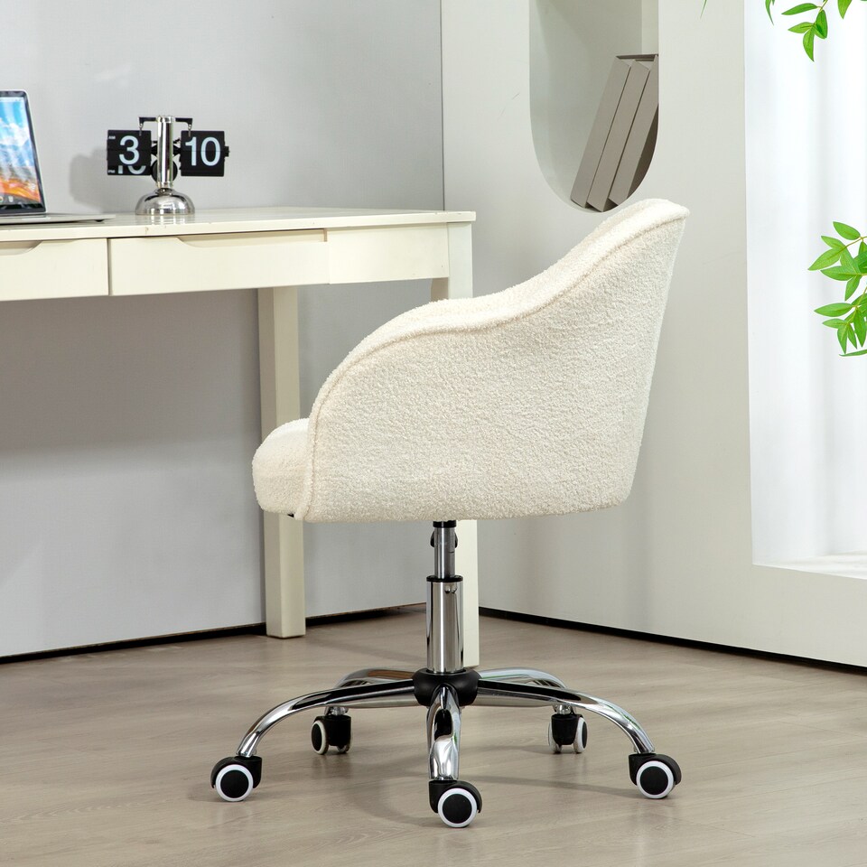 image 1 of HOMCOM Vanity Swivel Chair, Teddy Fleece Office Desk Chair with Adjustable Height for Home, Study, Bedroom, Makeup, Cream White