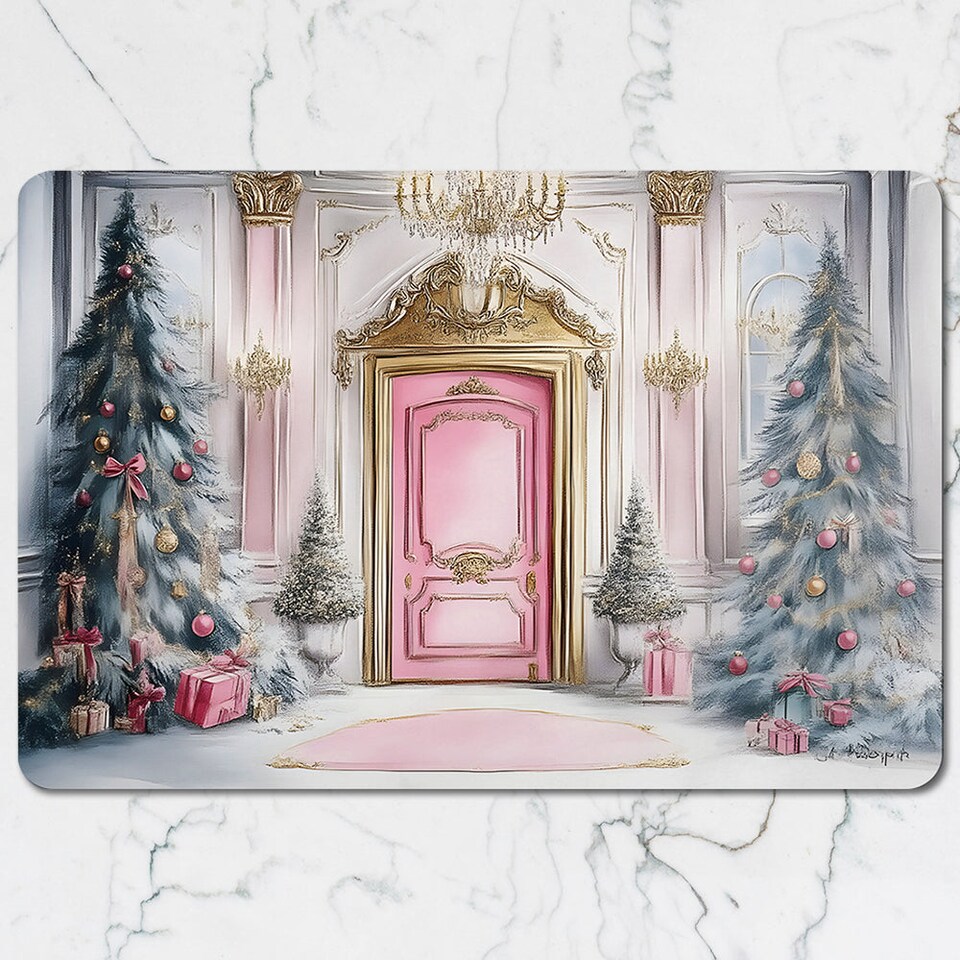 image 1 of Elegant Christmas Placemats And Coaster Set With Pink Door Scene