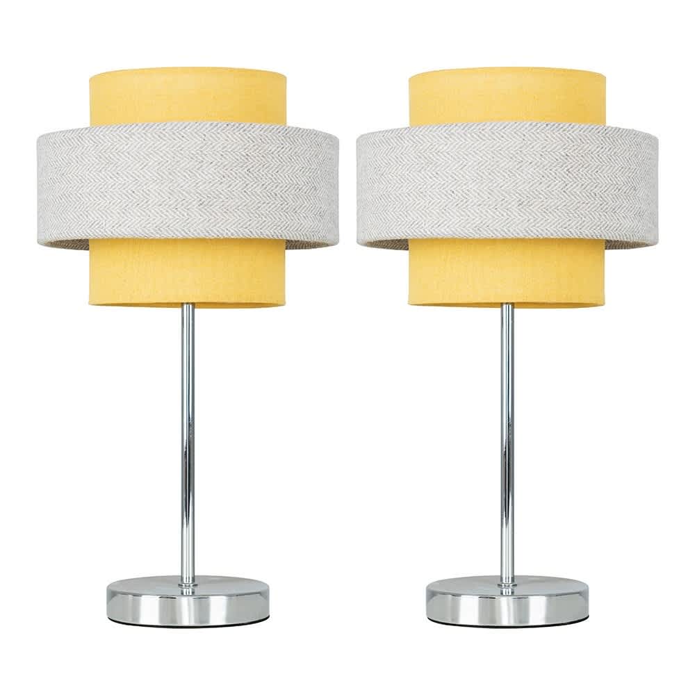 ValueLights Weaver Pair Chrome Touch Table Lamps Mustard and Grey Shades