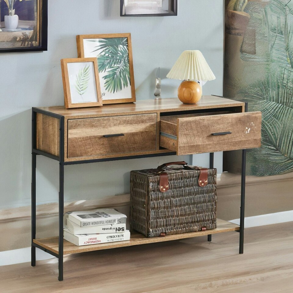 image 1 of Industrial Console Table With 2 Drawers & Storage Shelf Brown