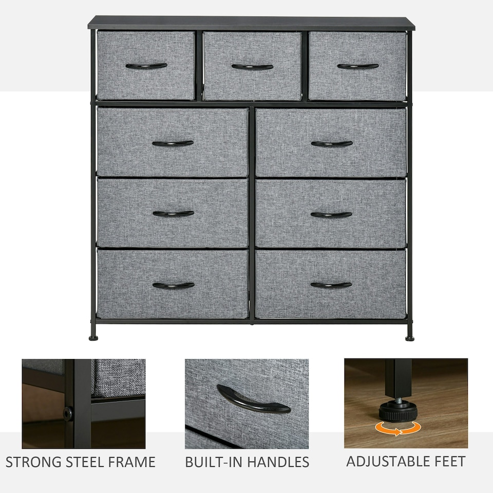 image 1 of HOMCOM 9 Drawers Storage Chest Dresser Organizer Unit w/ Foldable Bin