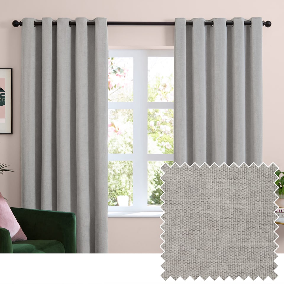 image 1 of Furn Soft Chenille Blackout Eyelet Curtain Pair, 168cm width x 229cm drop | Silver | Silver | 1