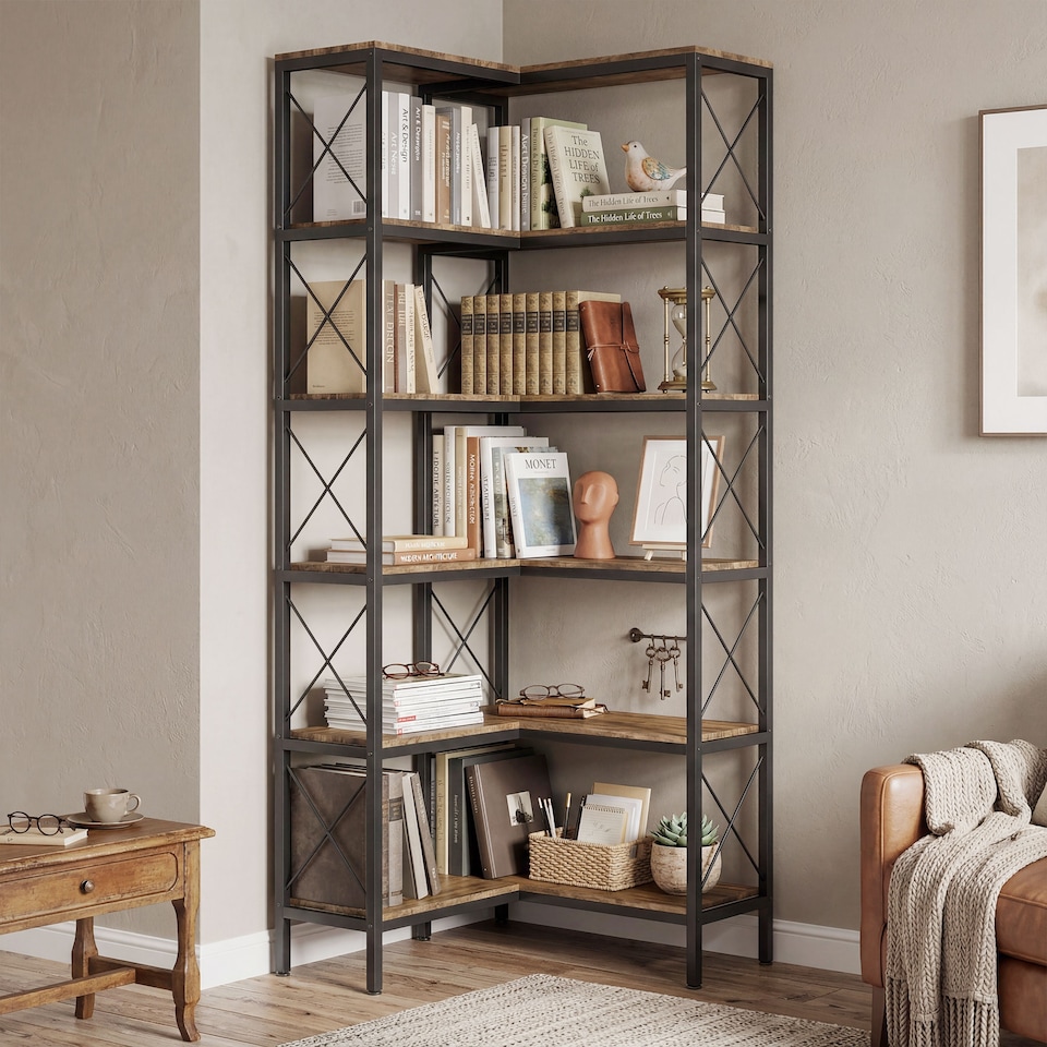 image 1 of HOMCOM L-Shaped Bookshelf, 5-Tier Bookcase with Metal Frame, Rustic Brown