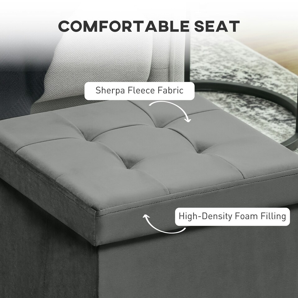 image 1 of HOMCOM Foldable Sherpa Fleece Storage Ottoman, 38 x 38 x 38 cm Grey