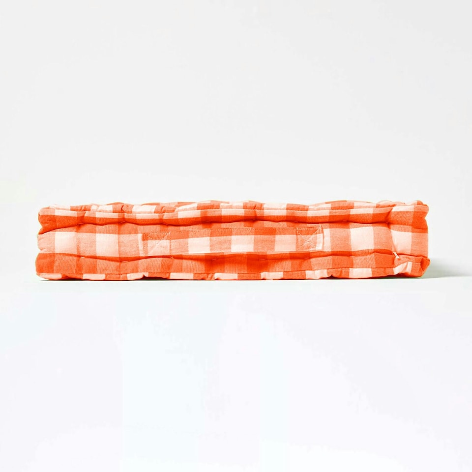 image 1 of Homescapes Orange Block Check Cotton Gingham Floor Cushion - 50 x 50 cm | Orange | 50 x 50 cm