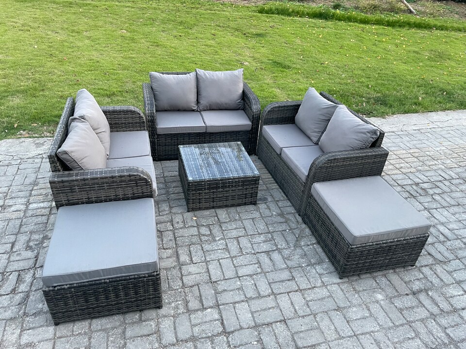 image 1 of Fimous 8 Seater High Back Rattan Garden Furniture Set with Square Coffee Table 2 Big Footstool Love Sofa Indoor Outdoor Patio Lounge Sofa Set Dark Grey Mixed