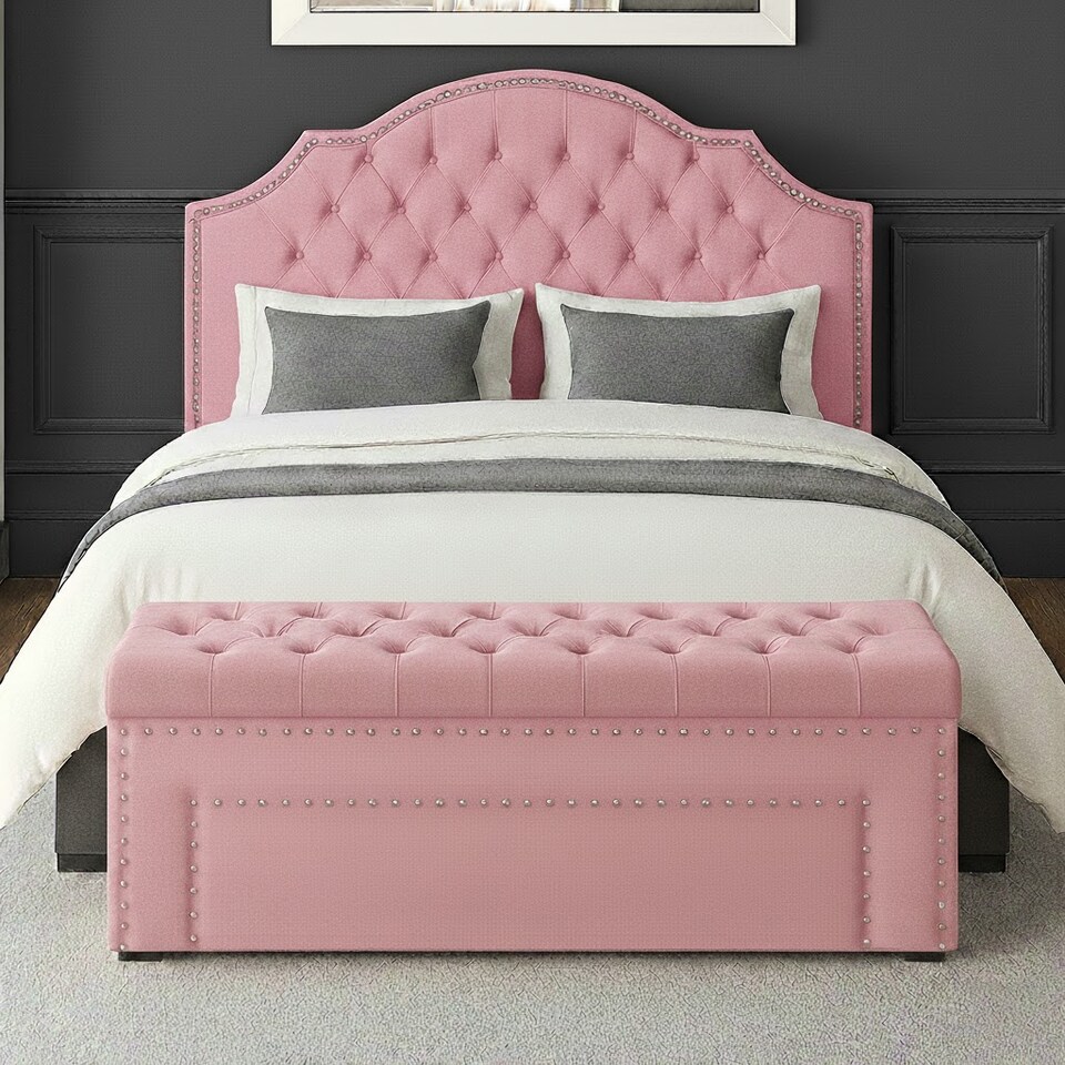 image 1 of 150cm Duke Ottoman Storage Box -Upholstered Blanket Box - Pink Plush Velvet Multifunctional Storage Box