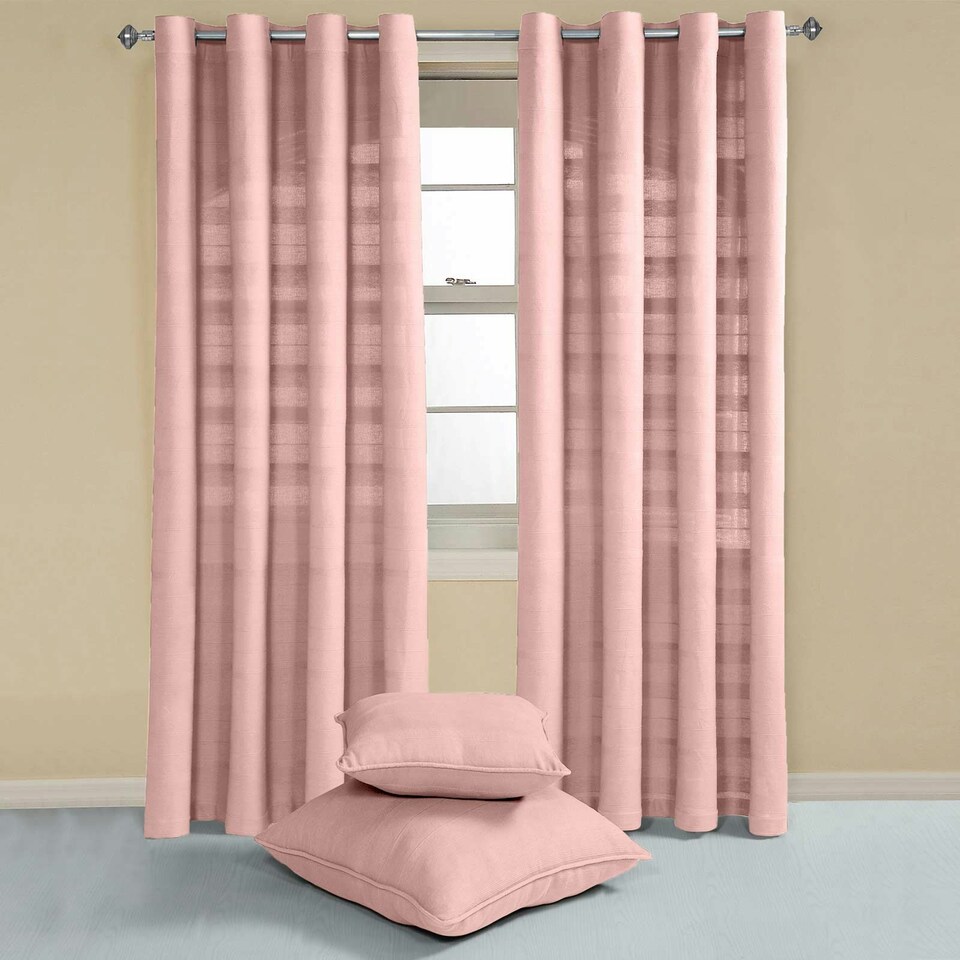 image 1 of Homescapes Cotton Rajput Ribbed Pink Curtain Pair - 54 x 54" Drop Pink