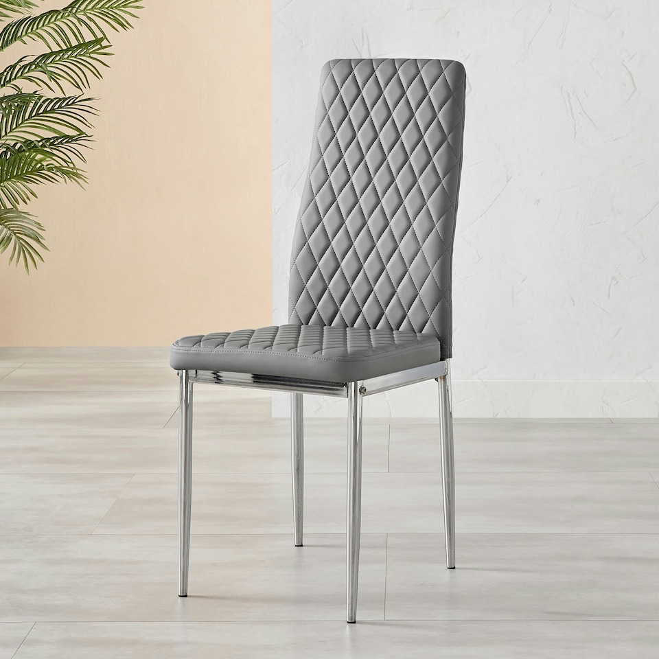 image 1 of Furniturebox 6x Milan Grey Chrome Hatched Faux Leather Dining Chairs