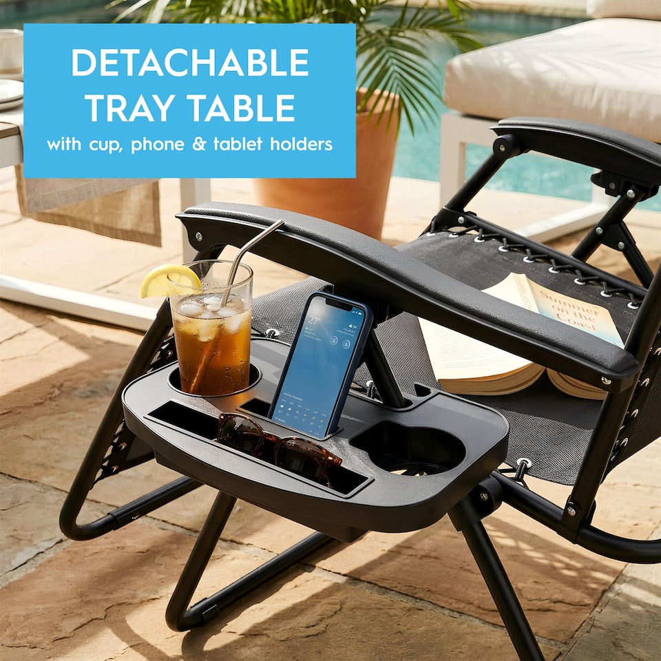 image 1 of Harbour Housewares Zero Gravity Chairs - Black - Set of 2 - Reclining Folding Garden Patio Beach Loungers with Cup Holders