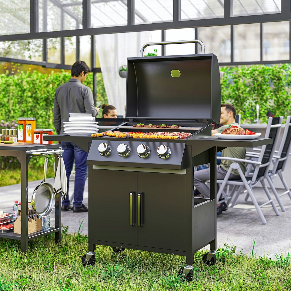 image 1 of Outsunny 3 Burner Gas Grill Portable Barbecue Trolley with Side Shelves