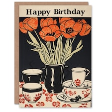 Red Tulip Bouquet China Tea Set Vintage Her Birthday Card