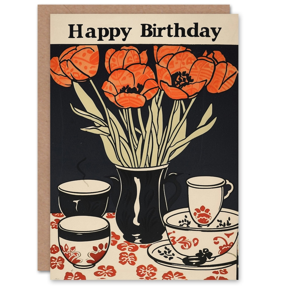 image 1 of Red Tulip Bouquet China Tea Set Vintage Her Birthday Card