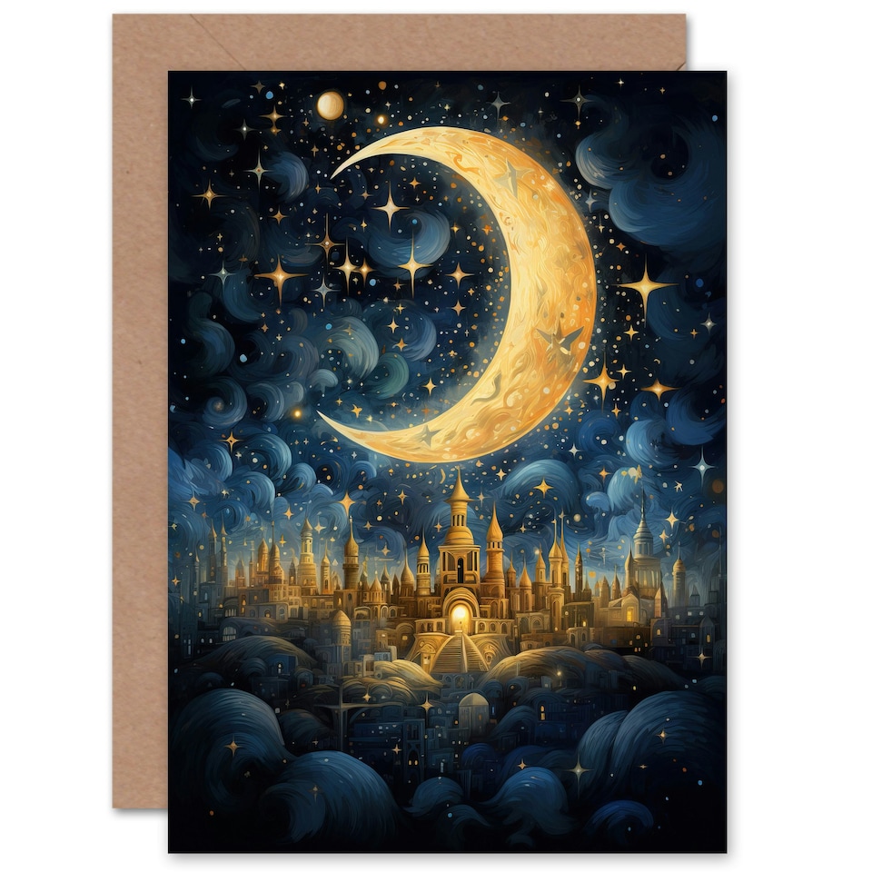 image 1 of Golden City in the Clouds Surreal Fairytale Kids Art Card