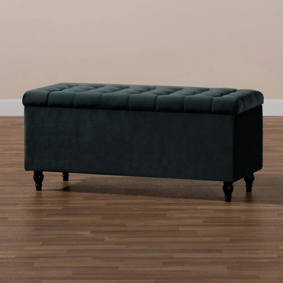 image 1 of 120cm Cubed Ottoman Storage Box,Black Velvet Upholstered Chesterfield Storage Ottoman Box with Wooden Legs