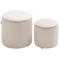 HOMCOM Set of 2 Round Ottoman with Storage, Fabric Vanity Stool for Makeup, Footrest Stool with Removable Lid for Living Room & Bedroom, Cream White