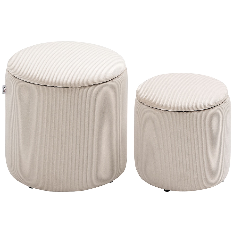 image 1 of HOMCOM Set of 2 Round Ottoman with Storage, Fabric Vanity Stool for Makeup, Footrest Stool with Removable Lid for Living Room & Bedroom, Cream White