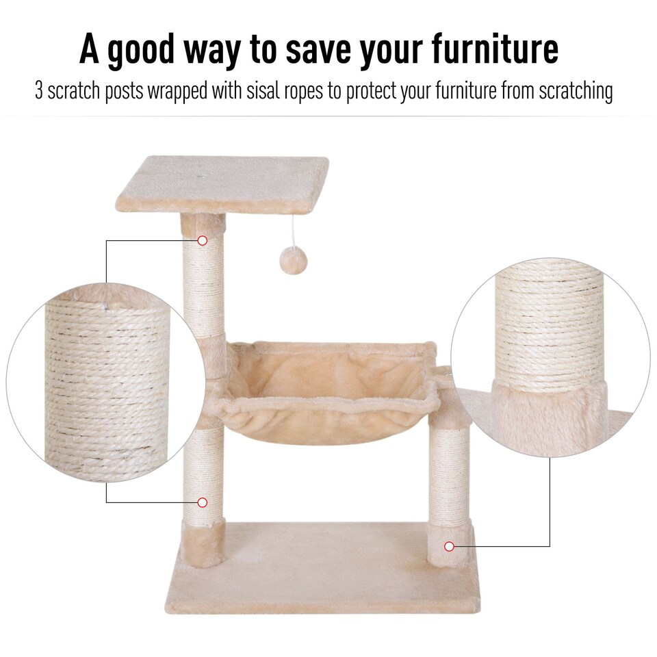 image 1 of PawHut Cat Tree Scratch Post with Bed Hammock Sisal for Indoor Cats