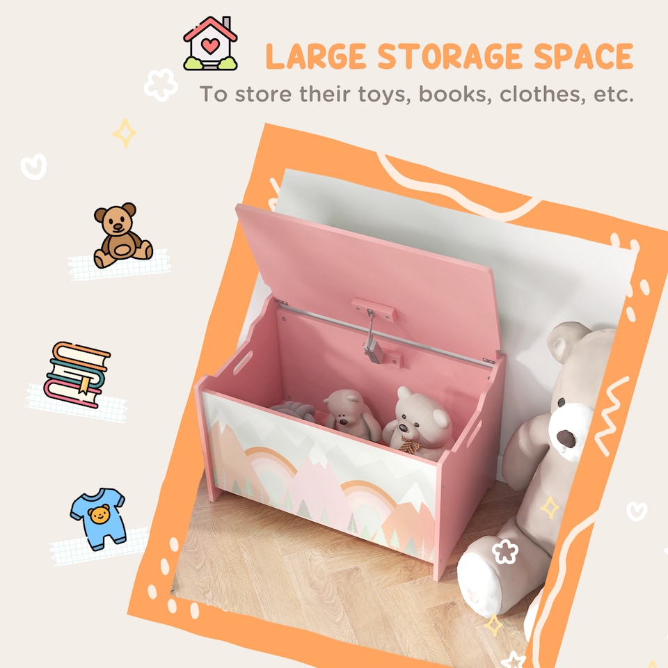 image 1 of ZONEKIZ Toy Box, Kids Toy Chest with Lid, Safety Hinge, Cute Design | Pink | 60 x 37 x 39 cm