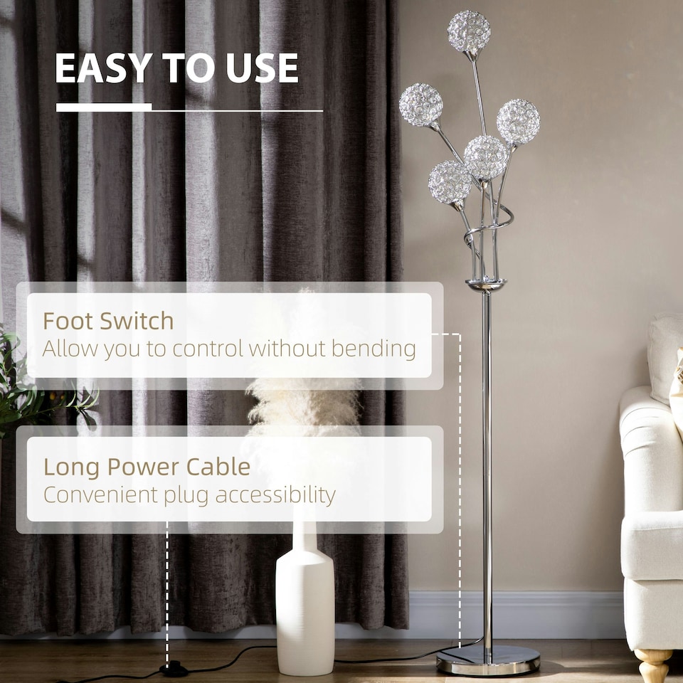 image 1 of HOMCOM Modern Floor Lamp w/ K9 Crystal Shade, 5 Light, for Living Room, Silver