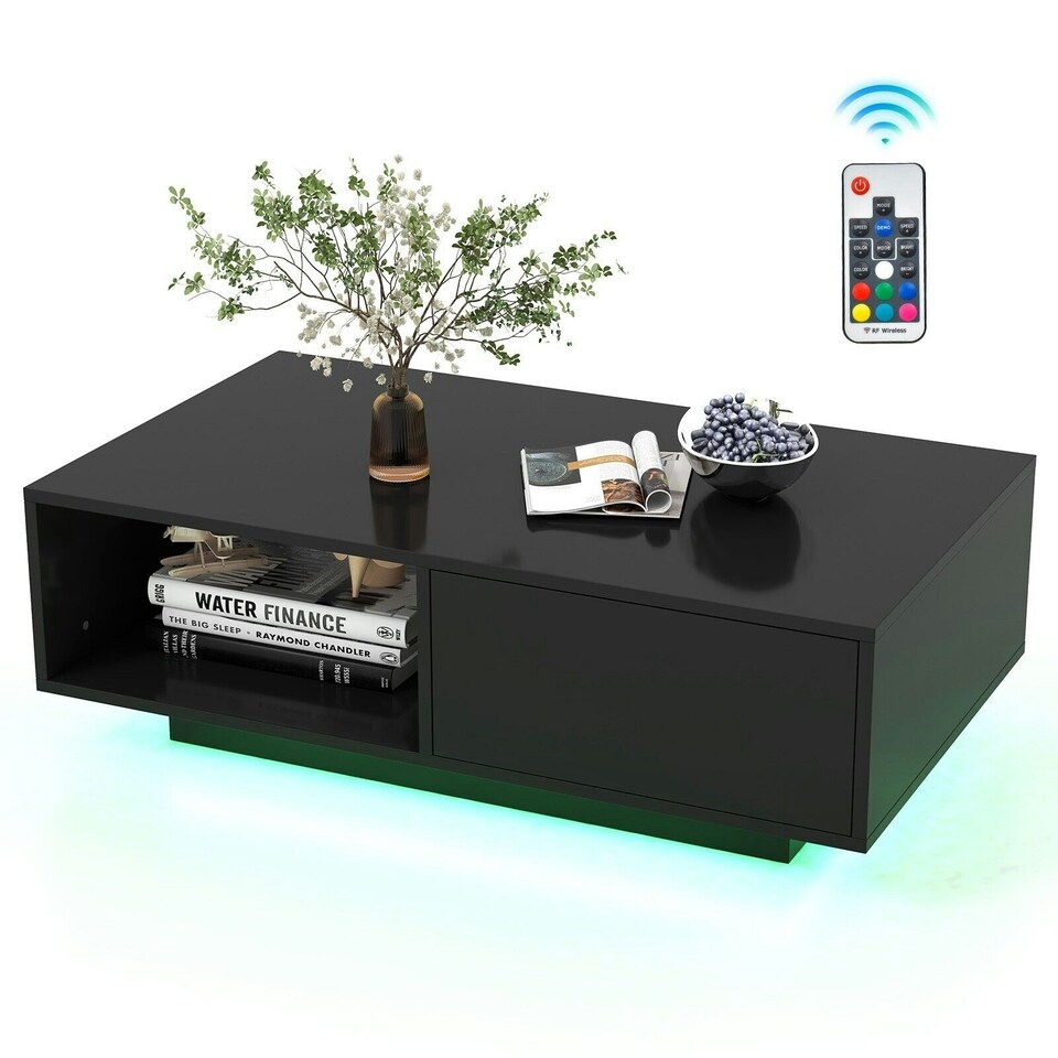 image 1 of COSTWAY Coffee Table w/LED Lights Rectangle Table Black
