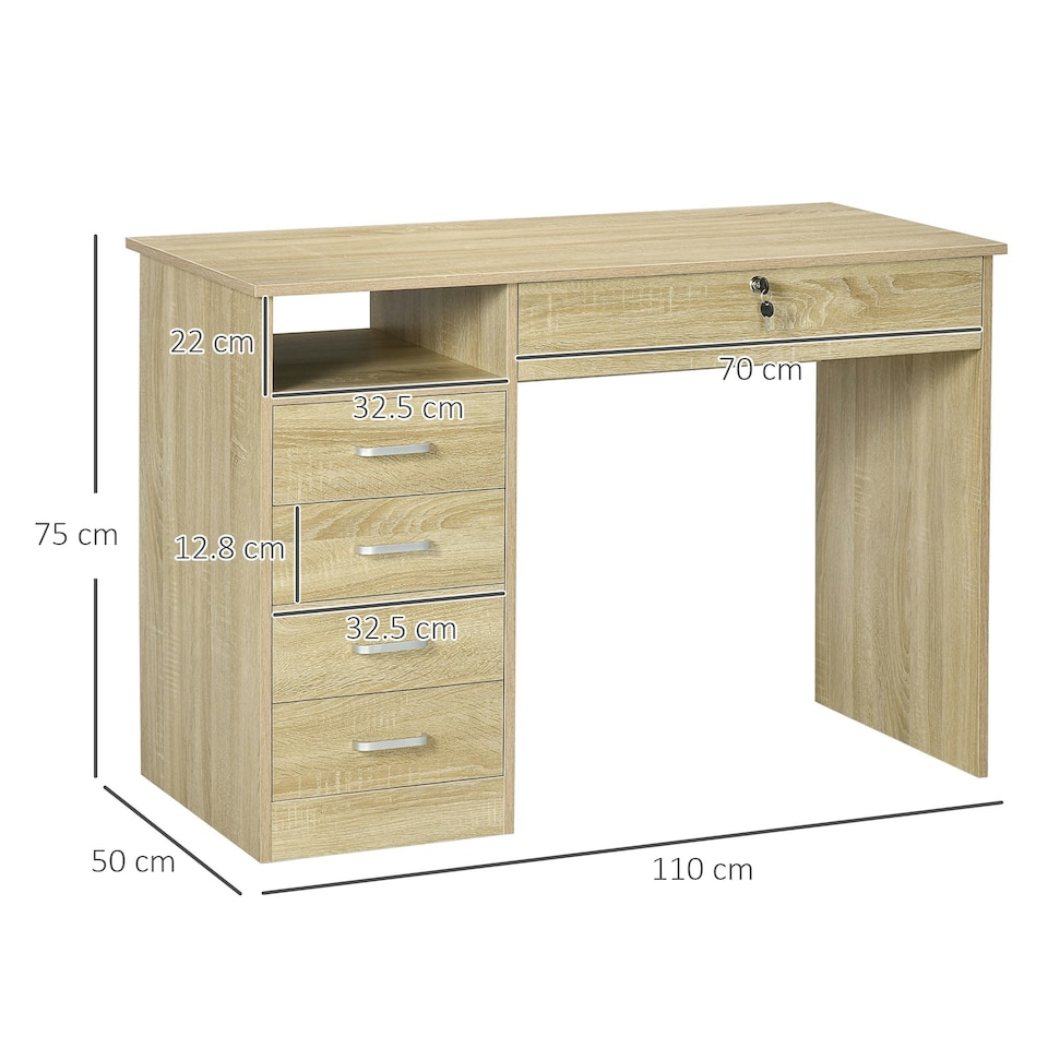 image 1 of HOMCOM Computer Desk Writing Desk with Five Drawers for Home Office Oak