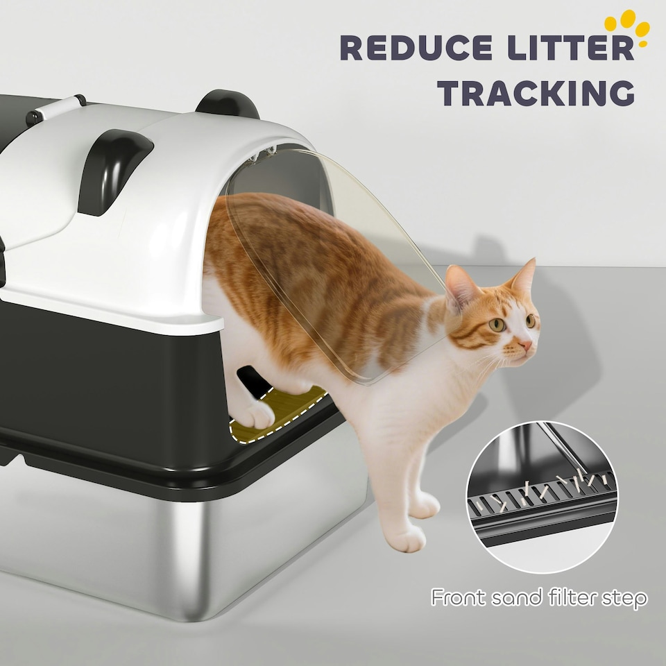image 1 of PawHut XL Stainless Steel Litter Box Tray with Lid, Panda Style Black