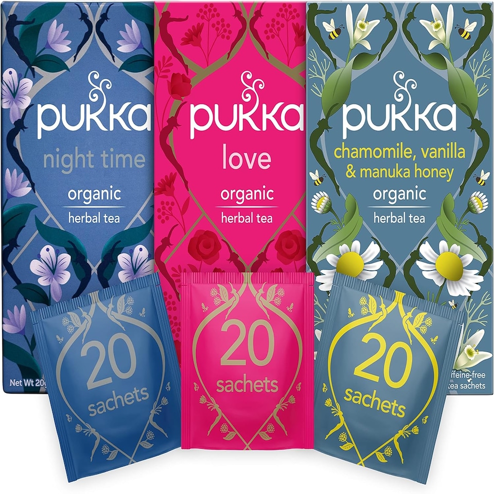 image 1 of Pukka Herbs Organic Herbal Tea, Relaxing Tea Selection with Night Time, Love, & Chamomile Vanilla & Honey, 3 Packs of 20 Teabags | Multi