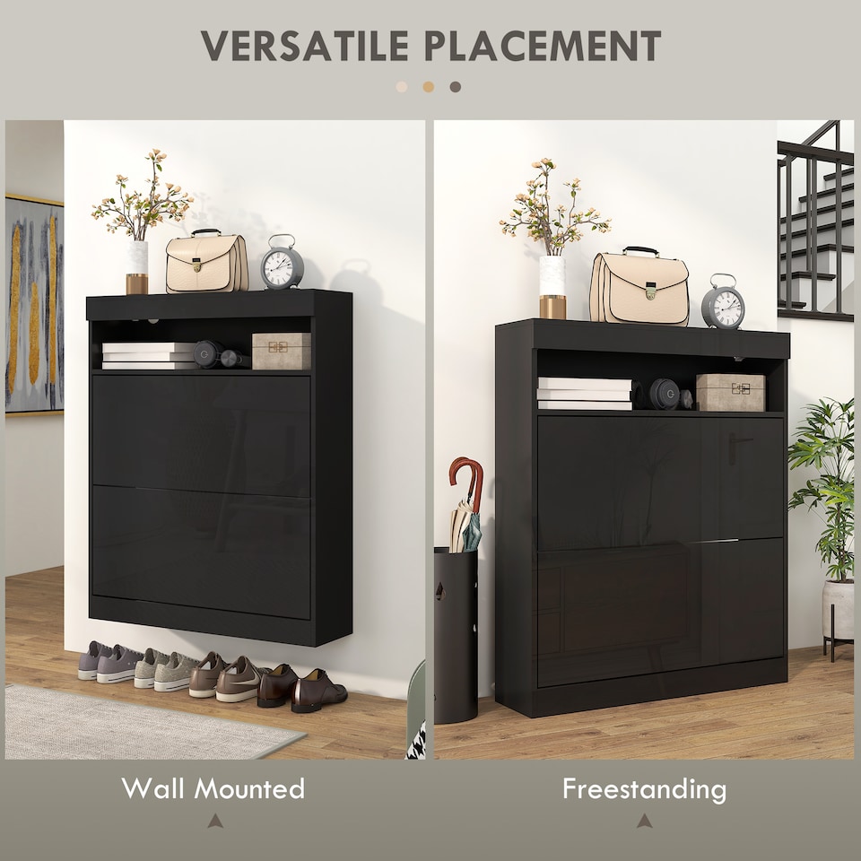image 1 of HOMCOM Narrow Shoe Cabinet, Wall Mounted or Freestanding Shoe Storage Cabinet with 2 Flip Drawers and Open Shelf for 12-16 Pairs of Shoes for Entryway, High Gloss Black
