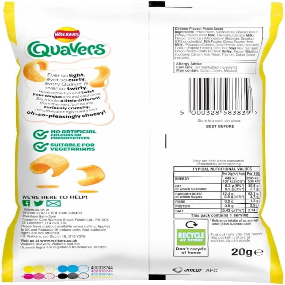image 1 of Walkers Quavers Cheese Snacks Crisps 20g (Pack of 32)