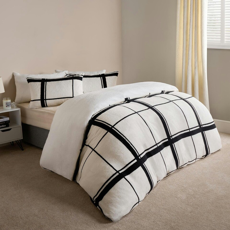 image 1 of OHS Oakley Grid Check Soft Teddy Fleece Duvet Cover and Pillowcase Bedding Set, Single - Natural/Black