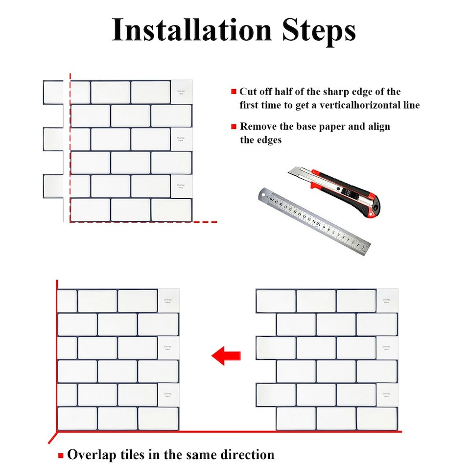 image 1 of Living and Home 10Pcs Peel and Stick 1.2mm Thick Backsplash Tiles - White with Black outline