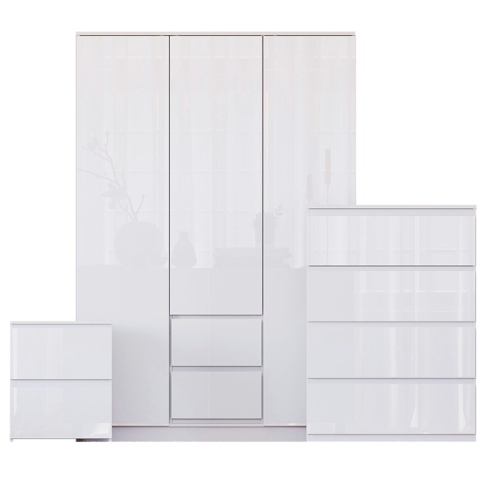 Vida Designs Glinton 3 Piece FSC Certified Bedroom Set (2 Drawer Bedside Chest, 4 Drawer Chest, 3 Door 2 Drawer Wardrobe), White