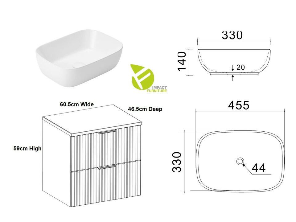 image 1 of Bathroom Vanity Unit Countertop with Basin 600mm Ribbed Textured Black Wall Hung Floating - Adel