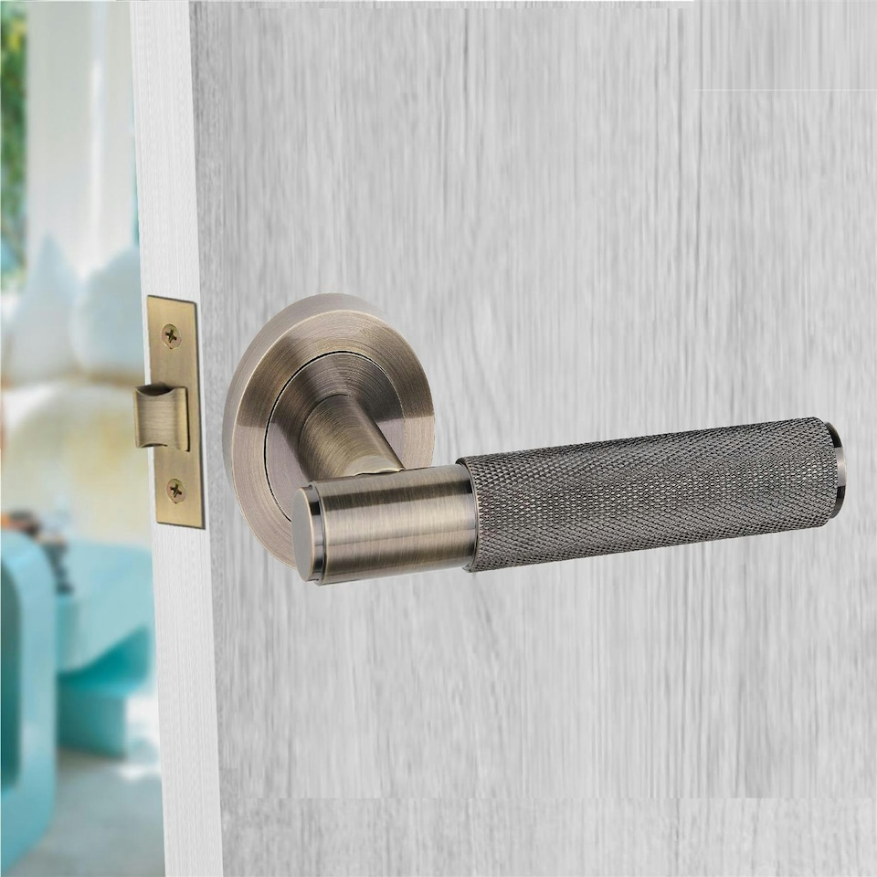 image 1 of Golden Grace Straight T-Bar Knurled Door Handle Set in Antique Brass with Thumbturn and Mortise Lock Bronze
